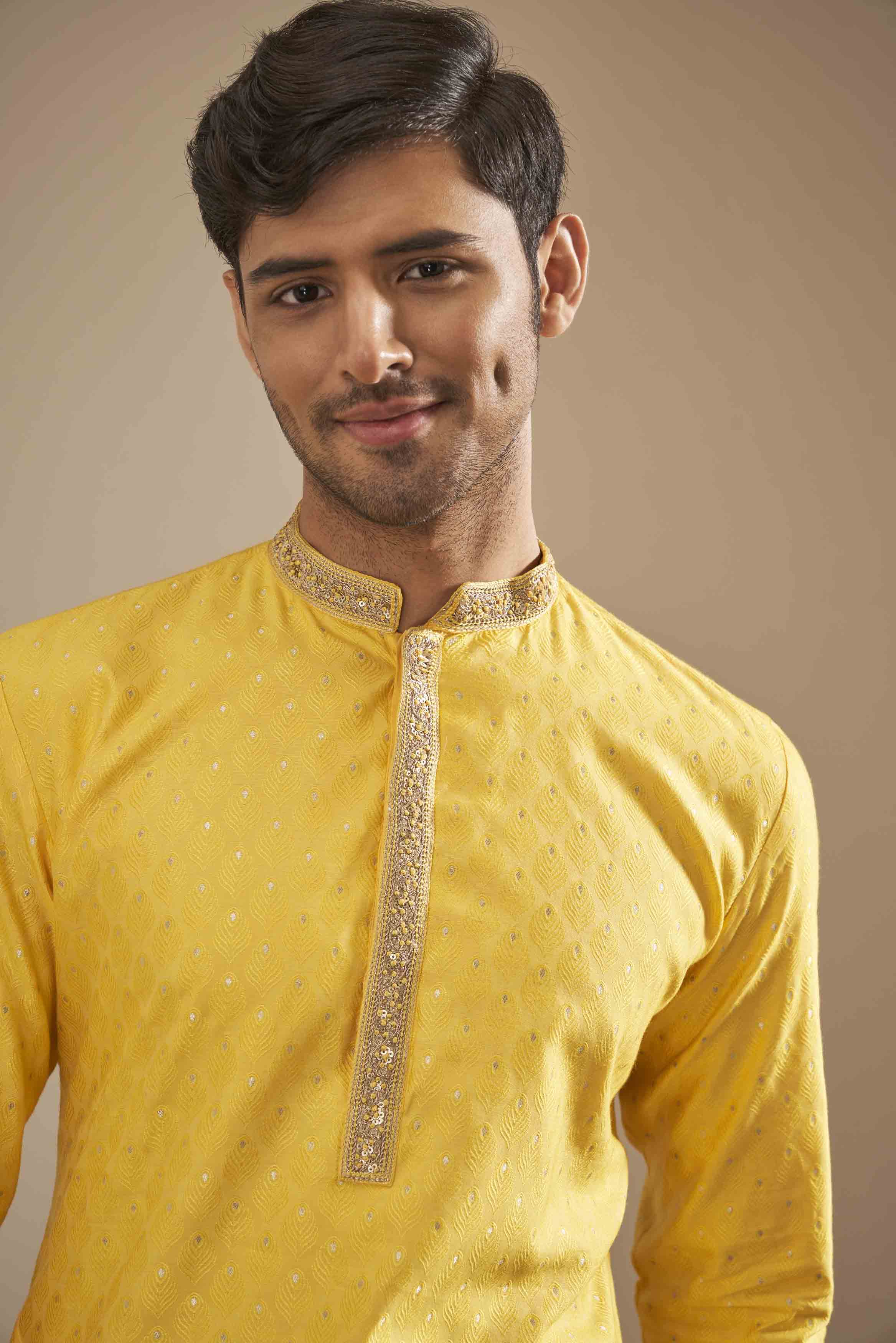 Yellow Heavy Jacquard Kurta with Handwork Collar